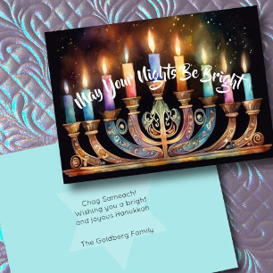 May Your Nights Be Bright Menorah Colourful Candle Holiday Card