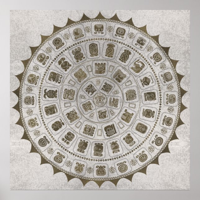 Maya Calendar Glyphs Golden texure on stone Poster (Front)