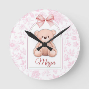 Maya Custom Pink Teddy Bear Nursery Design Round Clock