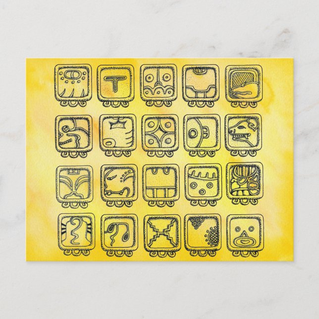 Mayan Aztec Day Signs on Yellow Postcard (Front)