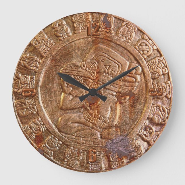 Mayan Carved Metal-effect Aztec Mexican History Large Clock (Front)