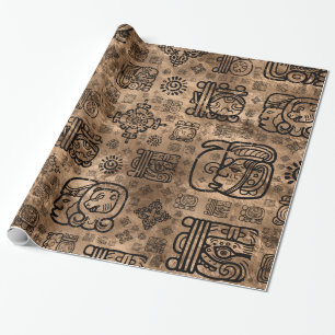 Mayan glyphs and ornaments pattern -black on gold wrapping paper