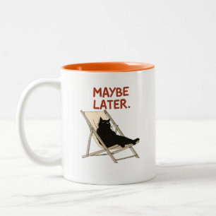 Maybe Later Black Cat on Beach Chair Two-Tone Coffee Mug