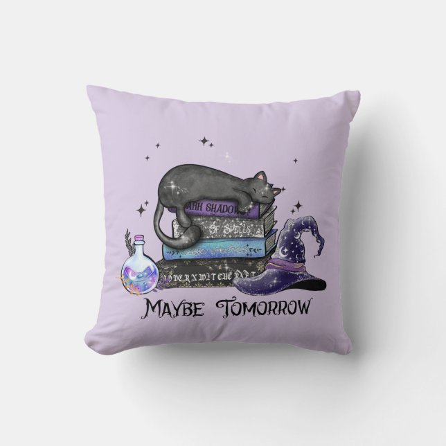 Maybe Tomorrow – Black Cat, Books & Witchy Vibes Cushion (Front)