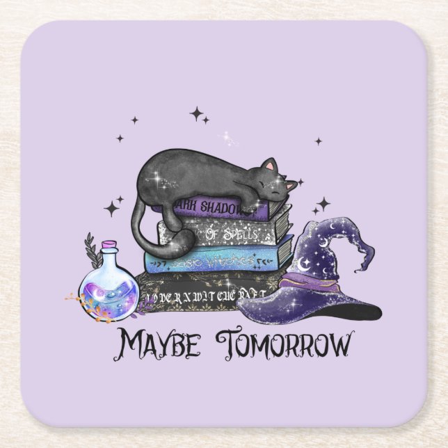 Maybe Tomorrow – Black Cat, Books & Witchy Vibes Square Paper Coaster (Front)