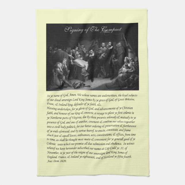 Mayflower Pilgrim Fathers - Signing of the Compact Tea Towel (Vertical)