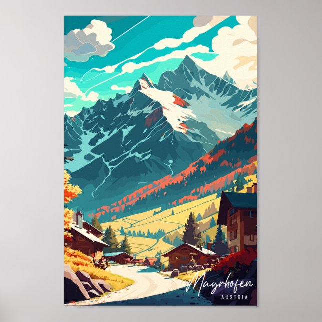 Mayrhofen Austria vintage travel illustration Poster (Front)