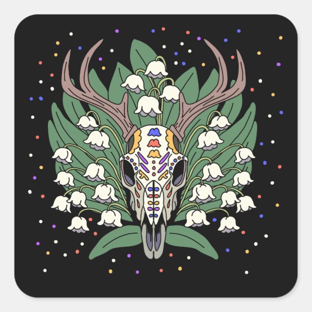 May's Lily of the Valley & Deer Skull Square Sticker (Front)