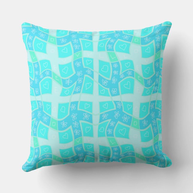 Maz Floral Love Hearts Check - Turquoise Blue 1 Cushion (Back)