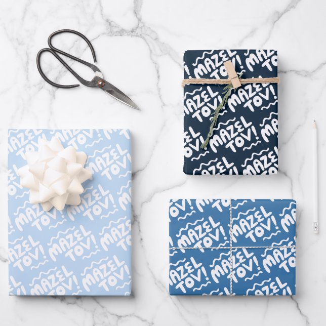 MAZEL TOV Bar Bat Mitzvah Handlettered Jewish Blue Wrapping Paper Sheet (Front)