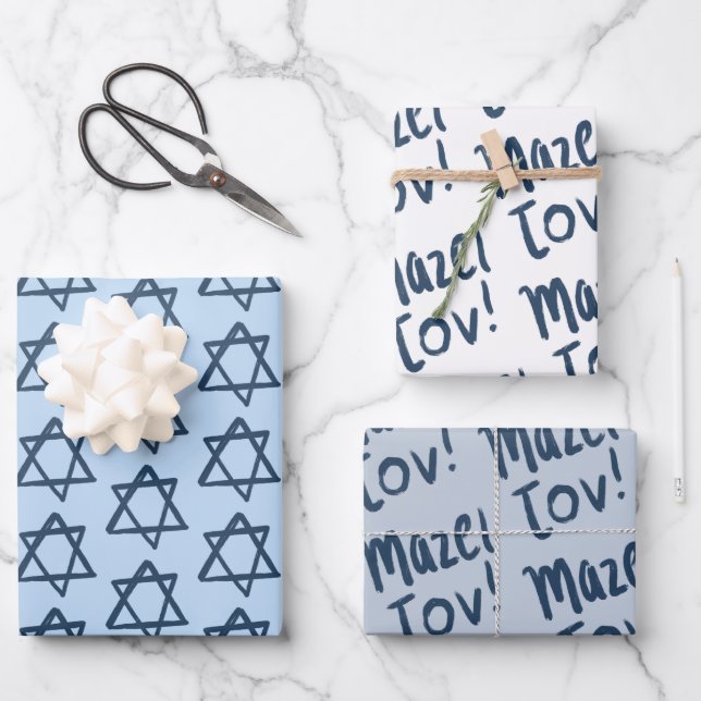 MAZEL TOV Bar Bat Mitzvah Handlettered Jewish Blue Wrapping Paper Sheet (Front)