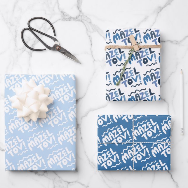 MAZEL TOV Bar Bat Mitzvah Handlettered Jewish Blue Wrapping Paper Sheet (Front)