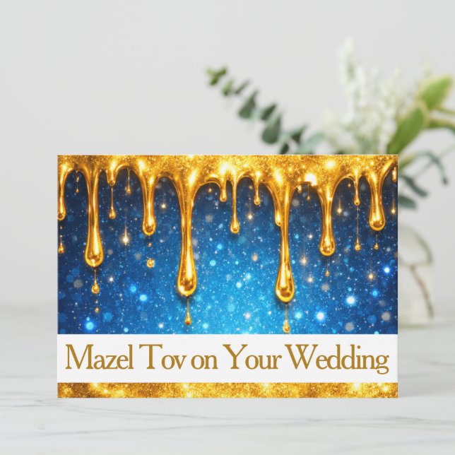 Mazel Tov Card for Wedding, Blue Dripping Gold,  (Standing Front)