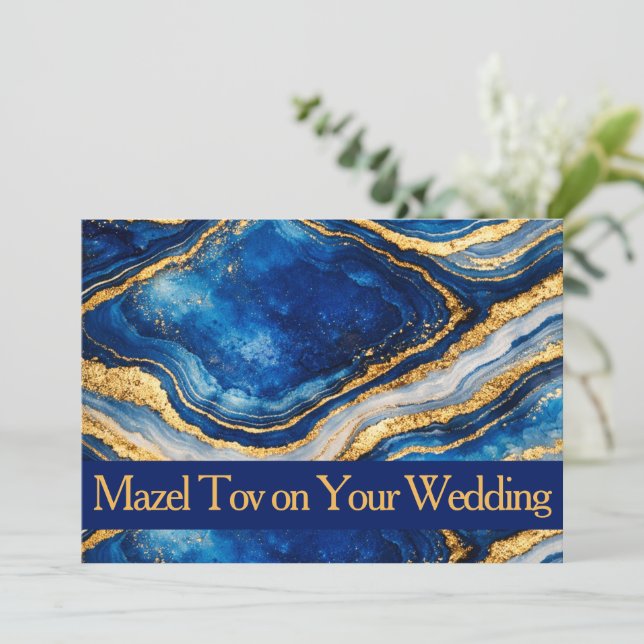 Mazel Tov Card for Wedding, Blue Gold Agate, Luxe, (Standing Front)
