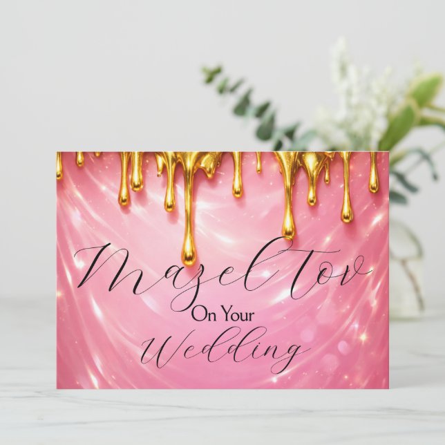 Mazel Tov Card for Wedding, Pink Dripping Gold,  (Standing Front)