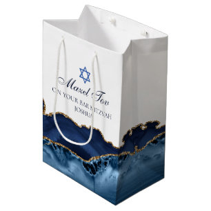 Mazel Tov Chic Blue Gold Personalised Bat Mitzvah Medium Gift Bag