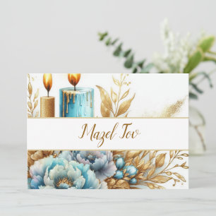 Mazel Tov Congratulations Card, Blue Candle Floral Invitation