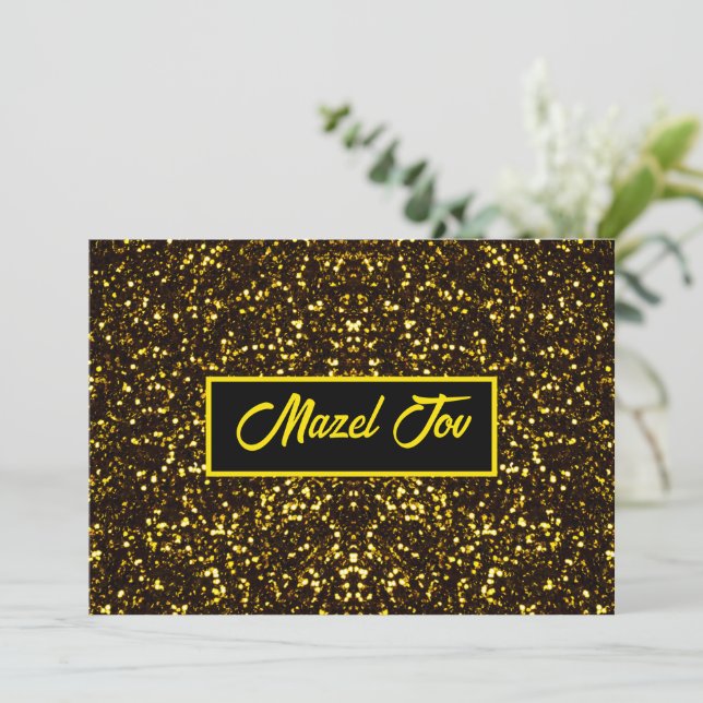 Mazel Tov Congratulations Card, Gold Black Glitter Invitation (Standing Front)