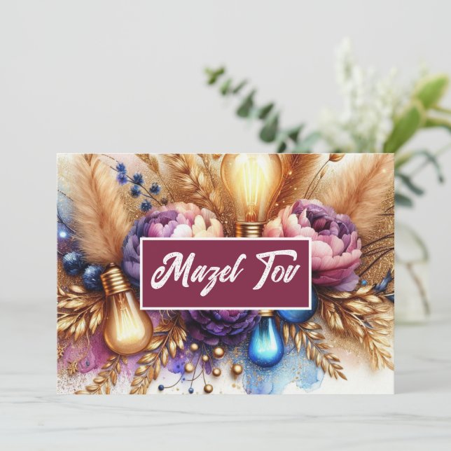 Mazel Tov Congratulations Card, Lights, Floral Invitation (Standing Front)