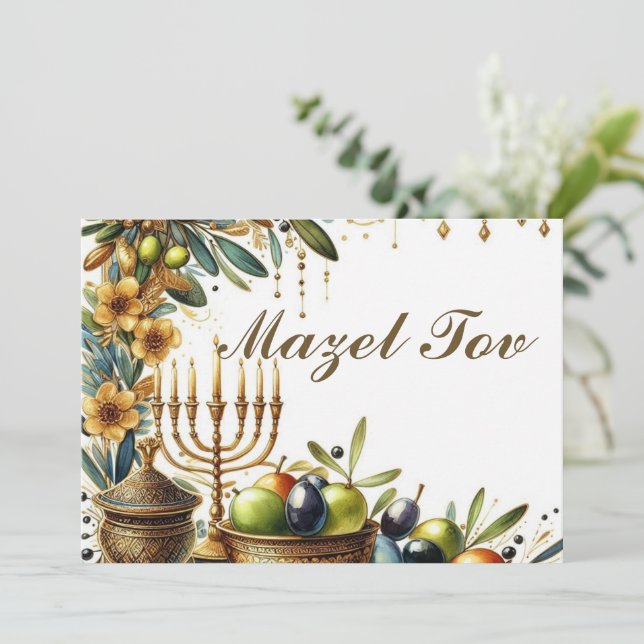 Mazel Tov Congratulations Card, Olives Menorah Invitation (Standing Front)