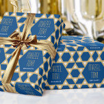 Mazel Tov  Custom Greeting Star of David Pattern Wrapping Paper<br><div class="desc">Send your congratulations with this 'Mazel Tov' personalised gift wrap. Perfect for family and friends to celebrate many different occasions, including Hanukkah, Bar Mitzvah, Bat Mitzvah, birthdays, weddings, graduations, new home, new job and more! A stylish design featuring a Star of David geometric pattern in blue, white and gold colour....</div>