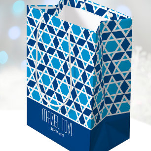 Mazel Tov Geometric Star Pattern Navy Blue Medium Gift Bag