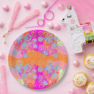 Mazipoodles Floral Bubbles Multi Pink Orange Blu2 Paper Plate