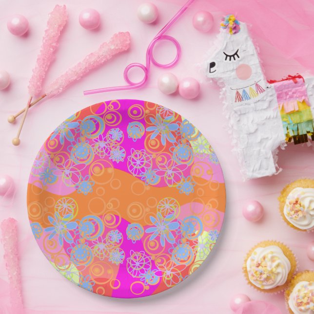 Mazipoodles Floral Bubbles Multi Pink Orange Blu2  Paper Plate (Party)