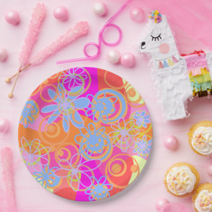 Mazipoodles Floral Bubbles Multi Pink Orange Blue Paper Plate