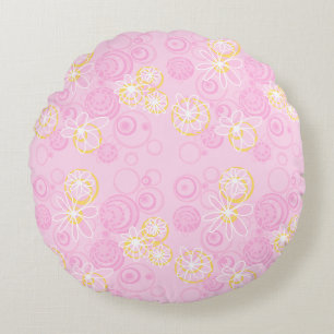 Mazipoodles Floral Bubbles - Pink Yellow White Round Cushion