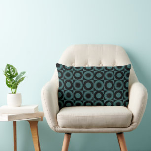 Mazipoodles Mid Century Check Blue On Black Lumbar Cushion