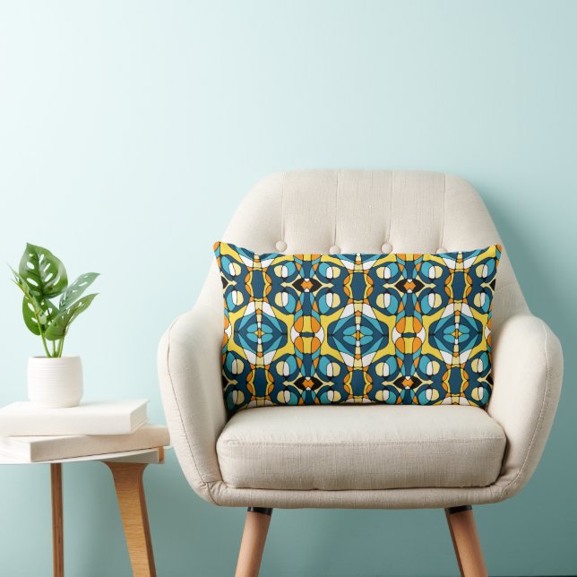 Mazipoodles Neuro Art - Blue Yellow Orange Lumbar Cushion (Chair)