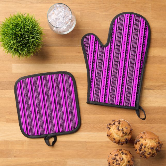MAZIPOODLES Striped Ribbed Knitting Pattern 001 B  Oven Mitt & Pot Holder Set (Top Down)