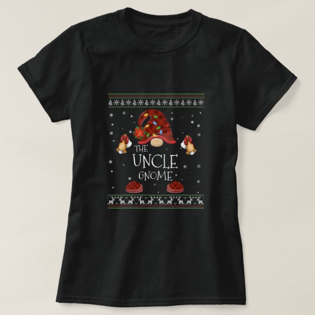 mb Uncle Gnome Buffalo Plaid Christmas Light Ugly  T-Shirt (Design Front)
