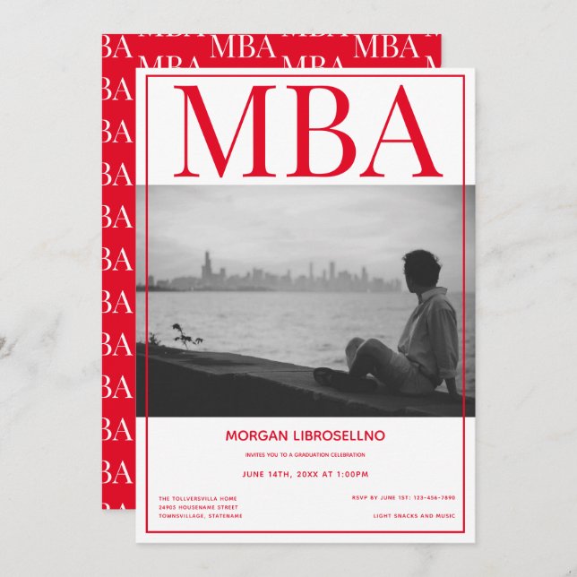 MBA degree White Red Photo Graduation Party Invitation (Front/Back)