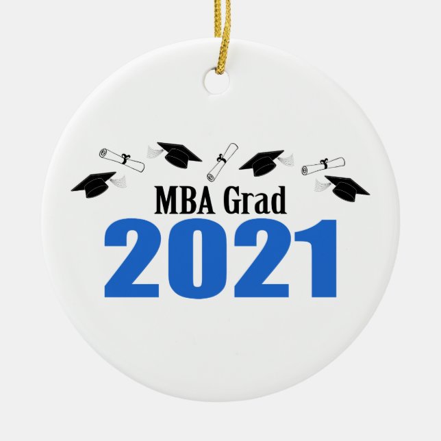 MBA Grad 2021 Caps And Diplomas (Blue) Ceramic Tree Decoration (Front)