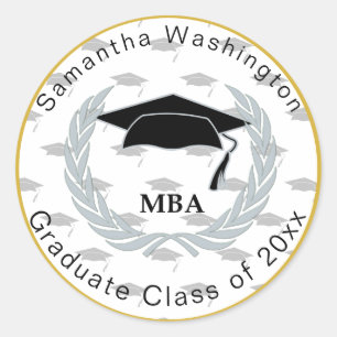 MBA Masters Graduate Cap Pattern Gold Border Classic Round Sticker