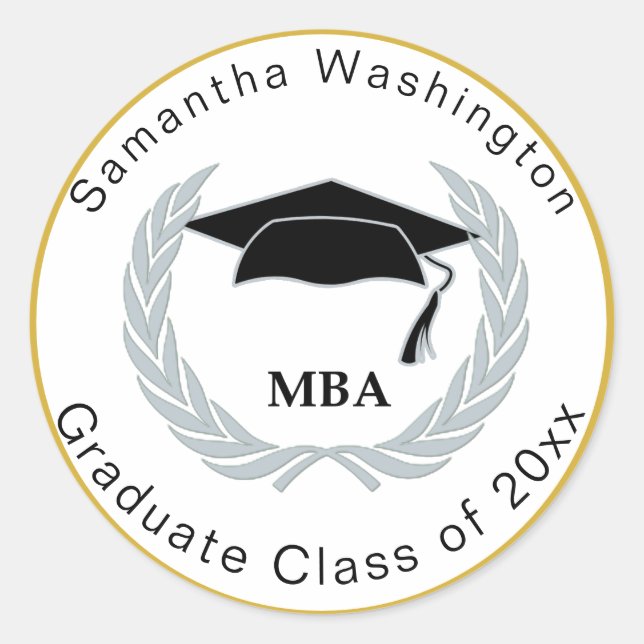 MBA Masters Graduate Cap Silver Wreath Gold Border Classic Round Sticker (Front)
