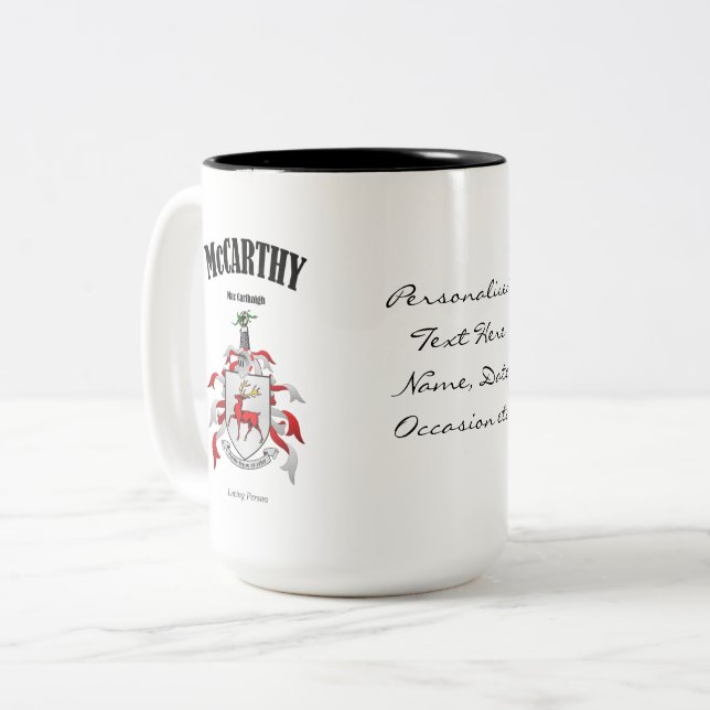 McCarthy Family Crest, Translation & Meaning Two-Tone Coffee Mug (Front Left)
