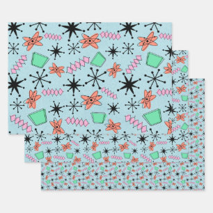 MCM Atomic Pink Green Orange on Blue Mix of Sizes Wrapping Paper Sheet