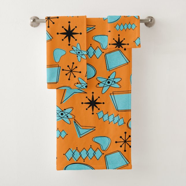 MCM Atomic Shapes Turquoise on Orange Bath Towel Set (Insitu)