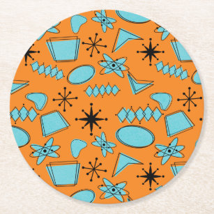 MCM Atomic Shapes Turquoise on Orange Round Paper Coaster
