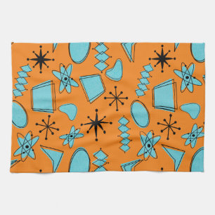 MCM Atomic Shapes Turquoise on Orange Tea Towel