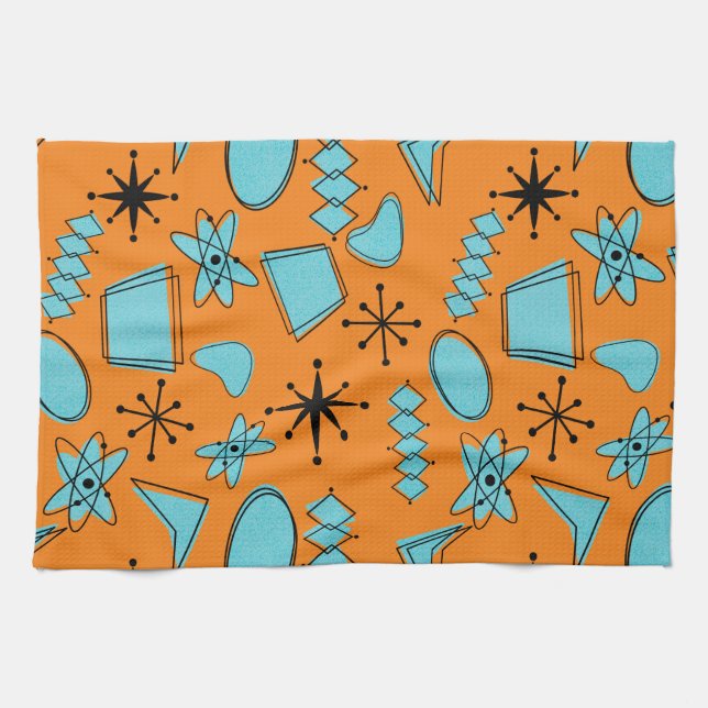 MCM Atomic Shapes Turquoise on Orange Tea Towel (Horizontal)
