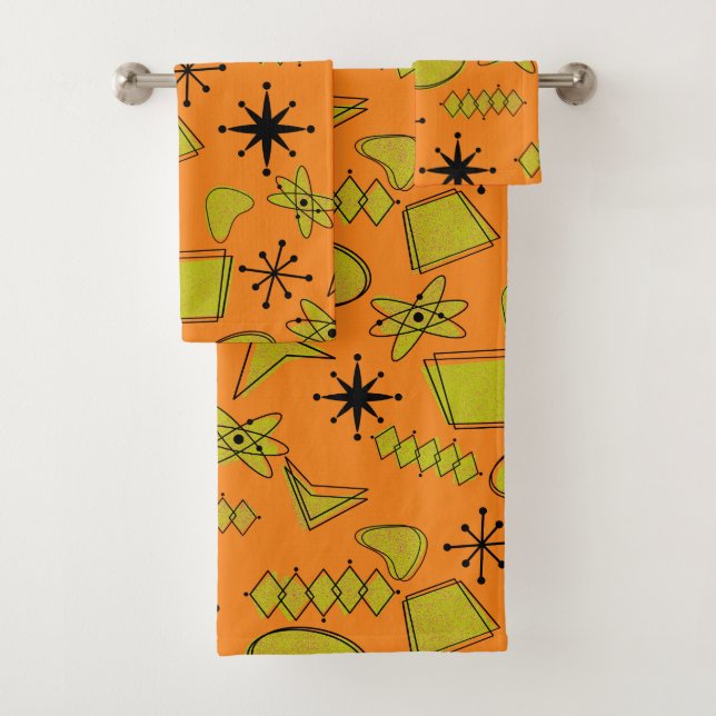 MCM Atomic Yellow and Black on Orange  Bath Towel Set (Insitu)