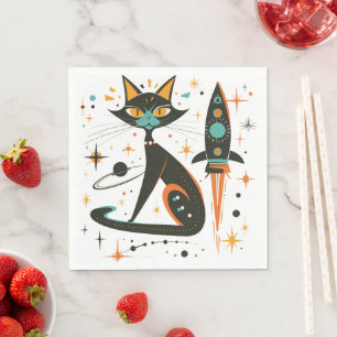 MCM Black Cat Retro Spaceship Stars Planets Napkin