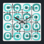 MCM Midcentury Abstract Pattern Turquoise Square Wall Clock<br><div class="desc">A vintage kitsch style pattern with a retro abstract art aesthetic. Rounded squares and thin lines. A great gift idea for anyone who loves old 20th century art.</div>