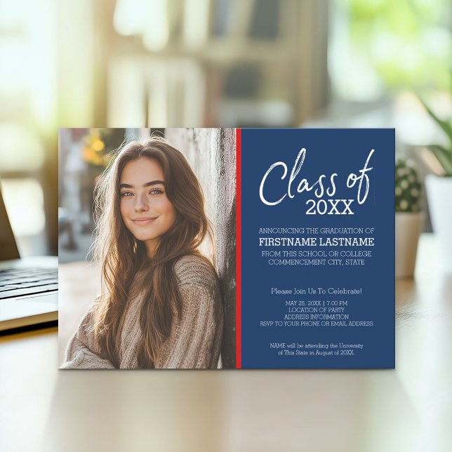 MCM Modern Pattern Red Blue Graduation Photo Invitation (Modern Graduation Announcement and Party Invitation)