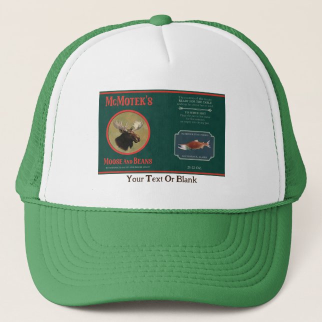 McMotek's Moose And Beans Label Trucker Hat (Front)