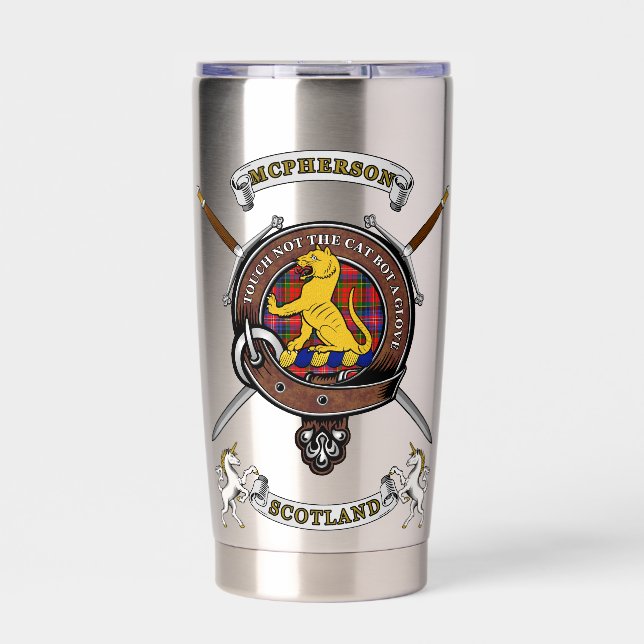 McPherson Clan Badge Tartan & Swords Insulated Tumbler (Front)